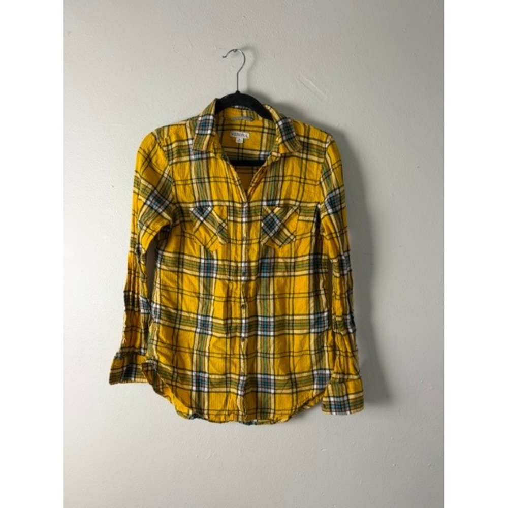 Merona Womens Yellow Green Plaid Flannel Button Down Shirt Size Small Pocketed